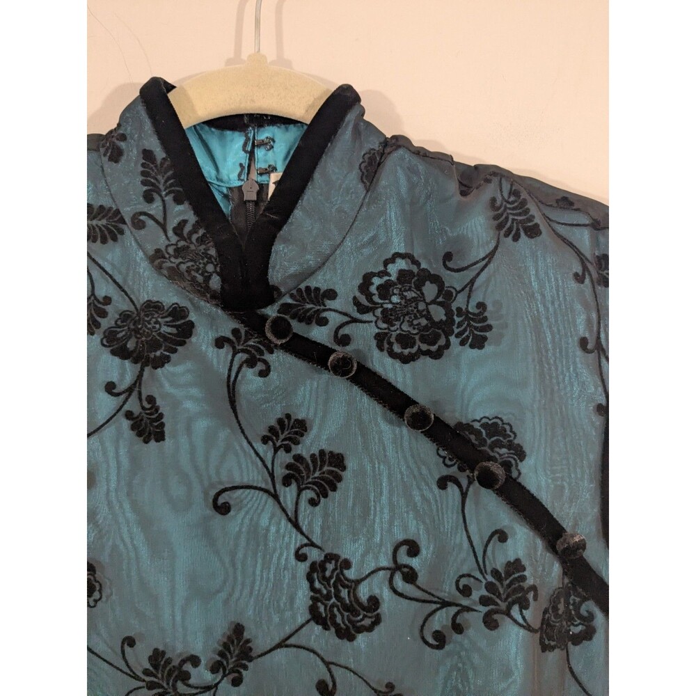 Vintage Dark Green Burnout Velvet Asian Inspired Mandarin Collar Maxi Dress Sz 8 - Picture 3 of 9